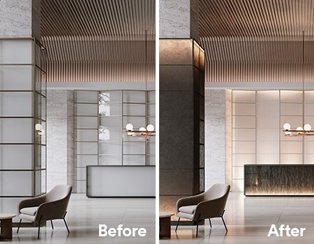 Imagem de antes/depois de área de recepção renovada com acabamentos 3M DINOC e FASARA.
