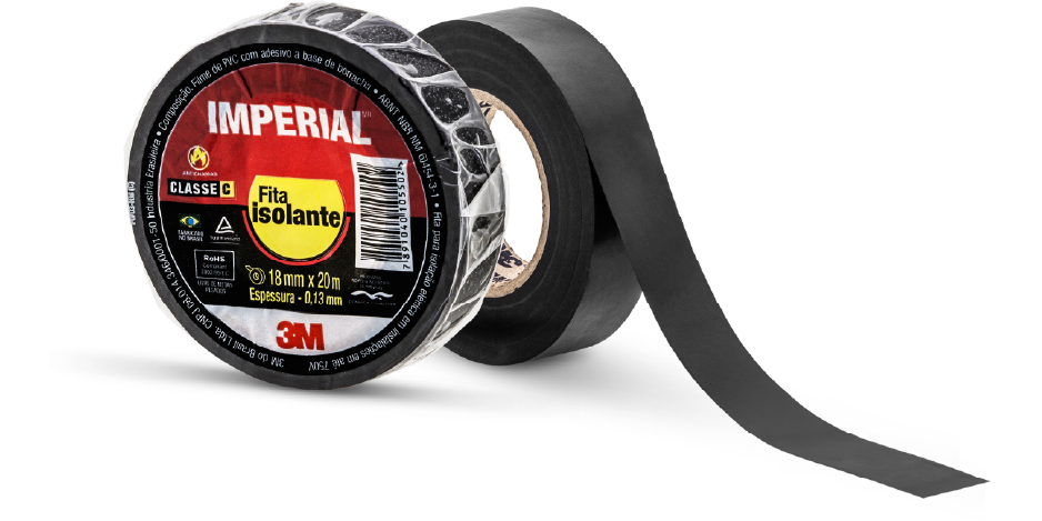 Rolo de fita isolante 3M Imperial, cor preta, com uma unidade parcialmente desenrolada ao lado.
