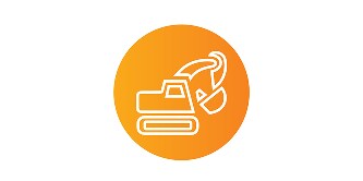 Produção e Fabricação de Metais: Um trator em um fundo circular laranja.
