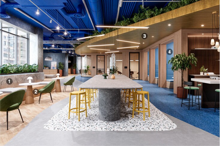 Espaço de coworking moderno renovado com cores ousadas e acabamentos arquitetônicos naturais.
