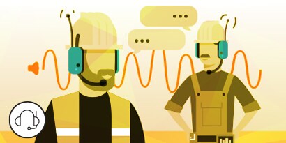 Ilustração de 2 trabalhadores se comunicando em ruído alto com comunicador 3M
