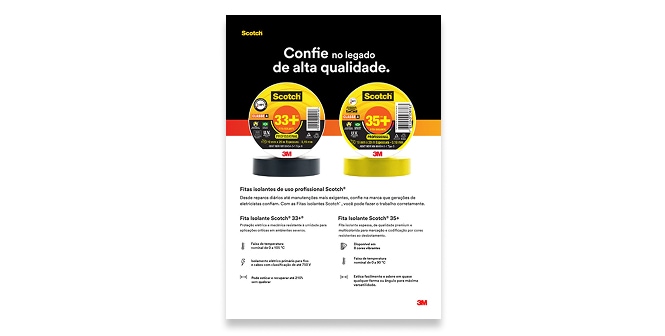 Três produtos Scotch sobre fundo amarelo: caixa da fita Super 33+ à esquerda, rolo grande de fita Super 33+ no centro e rolo de fita para embalagem de transporte à direita.
