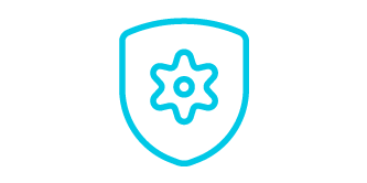 Ícone de uma engrenagem dentro de um escudo; o ícone é uma ilustração em linhas verde azuladas com fundo branco.
