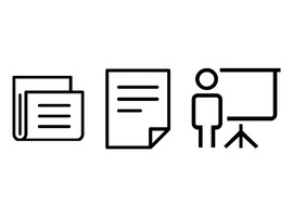 Ícones em preto de um PDF e de uma pessoa fazendo uma apresentação.