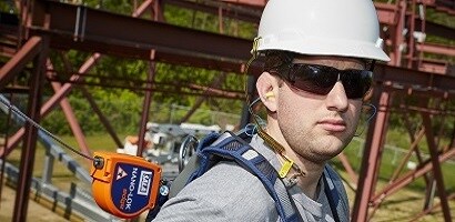 Fall protection trainer wearing safety gear
