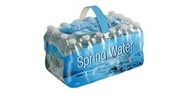 Image of a case of water bottles with a color-coordinated carry handle
