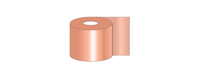 Ilustração de fitas condutoras laminadas com um material de cobre.
