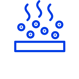 Ícone azul em desenho linear representando revestimentos metálicos evaporativos.