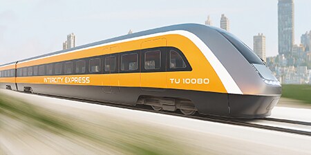 Trem de passageiros com filme gráfico
