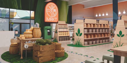 Loja de varejo com decoração verde, cestos e prateleiras,  destacando soluções gráficas para branding.

