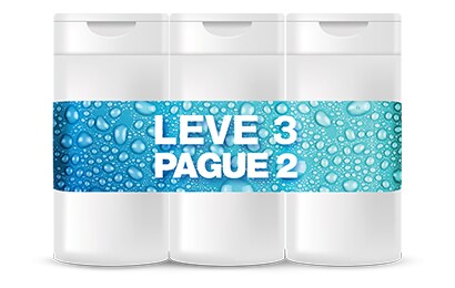 Três frascos cilíndricos brancos, alinhados lado a lado, envolvidos por uma faixa azul com gotas d’água e o texto ‘Leve 3 Pague 2’.
