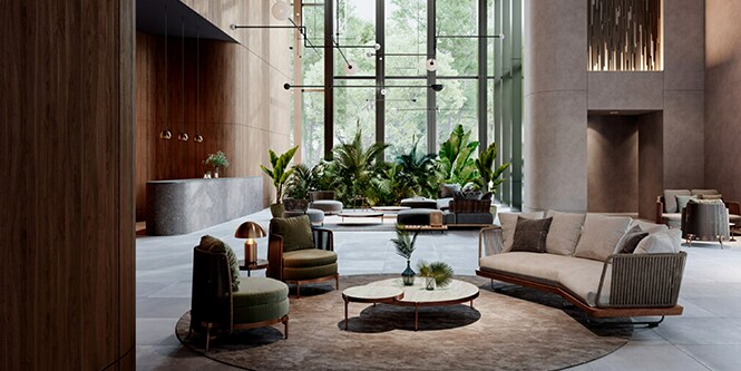 Saguão de hotel com poltronas e plantas ao fundo.
