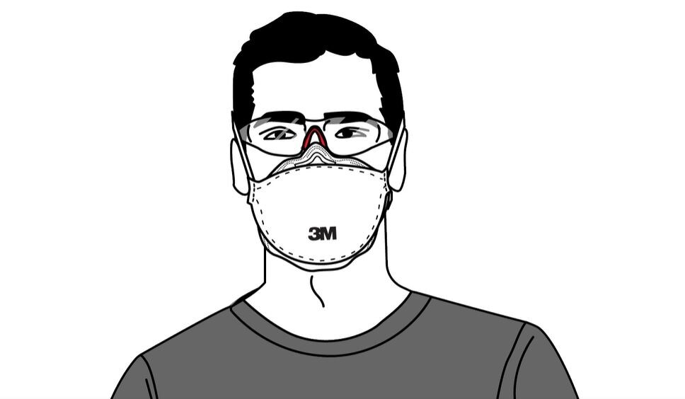 Desenho grafico representando uma pessoa usando proteção respiratoria e oculos de proteção 3M.
