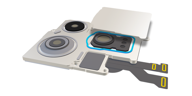 Fitas eletricamente condutoras e fitas de vedação aplicadas para blindagem no espaço de linhas de colagem.
