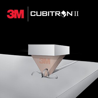 Ilustração de um grão abrasivo cortando uma superfície com o logotipo dos abrasivos 3M Cubitron II em cima
