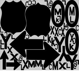 Figure 3: The letters and symbols are laid out in the same area as Example 1, but only at 0 and 180 degrees; all fit.
