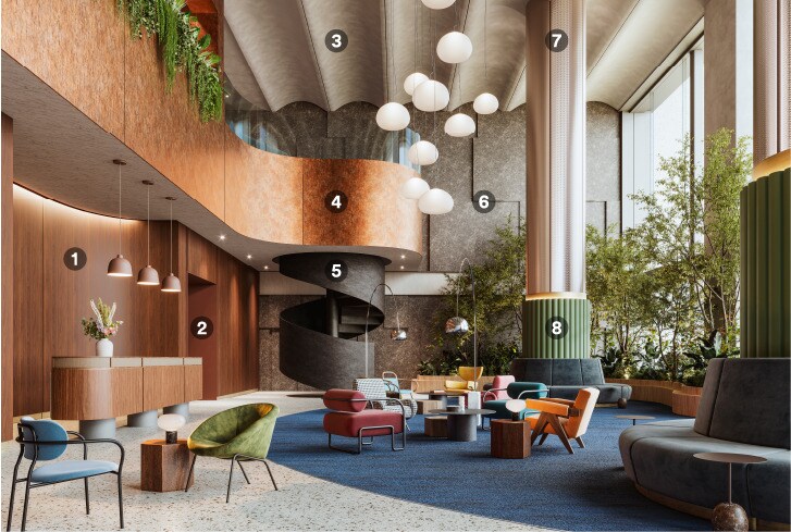 Lounge moderno de meados do século renovado com acabamentos arquitetônicos naturais.
