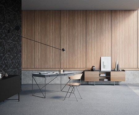 Interior de um quarto moderno e decorado de forma minimalista, com paredes com acabamento em mármore preto, concreto e madeira média dos Acabamentos Arquitetônicos 3M DI-NOC.
