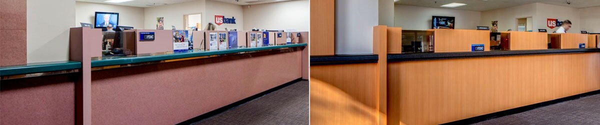 Ambientes internos do US Bank após renovação com acabamentos Di-NOC.
