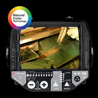 Close-up da lente Speedglas ADF com tecnologia de cores naturais.
