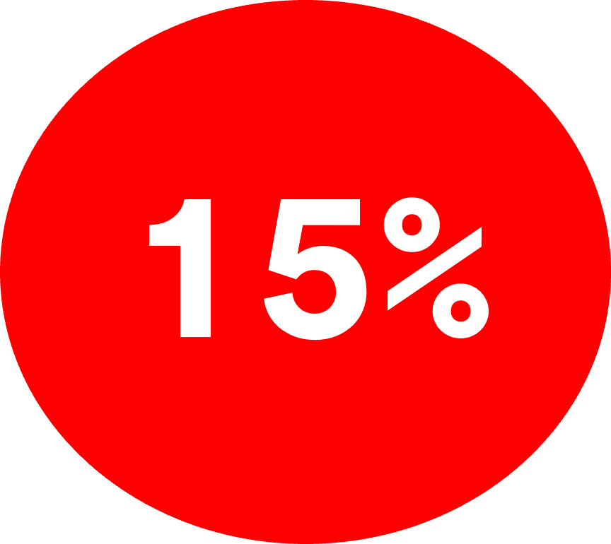 Círculo vermelho com 15% escrito dentro.