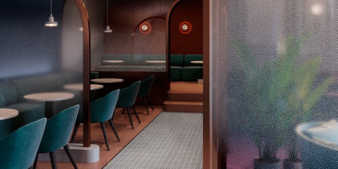 Interior de restaurante de alto padrão decorado em tons de joias e com divisores em vidro com Acabamento para Vidro 3M em um padrão de pontos graduados.
