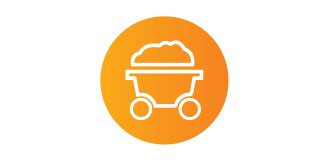 Ícone de um carrinho de mina carregado de minério, dentro de um círculo laranja.
