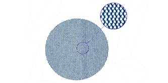 Amostra circular da construção em malha aberta do disco telado com um detalhe ampliado destacando o padrão entrelaçado dos fios.
