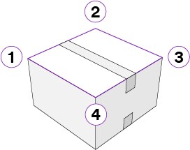 Desenho de uma caixa lacrada com fita, com o painel superior contornado em roxo e os cantos superiores numerados de 1 a 4.
