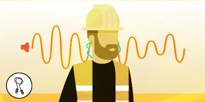 Ilustração mostrando um trabalhador usando capacete e protetores auditivos com cordão
