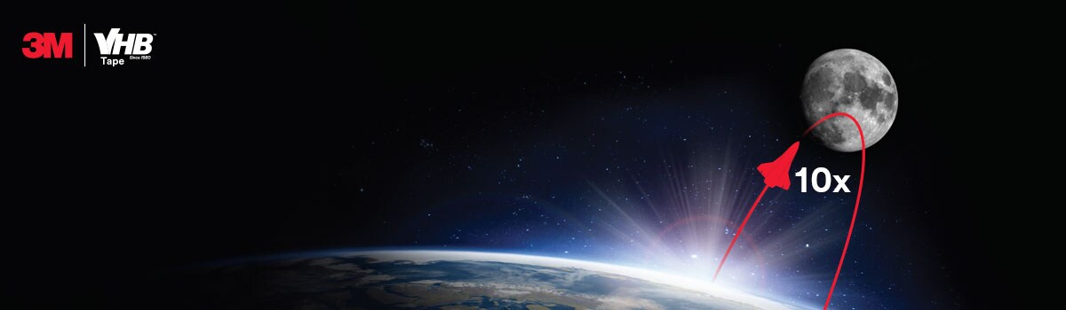 Image of the moon above the earth with a graphic for 10X and the 3M™ VHB™ Tapes logo
