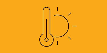 Icon of thermostat showing extreme high temperatures and sun
