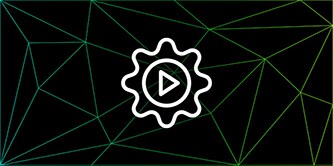 Graphic of faintly outlined triangle mesh on a black background with a bright icon of a gearwheel at the center
