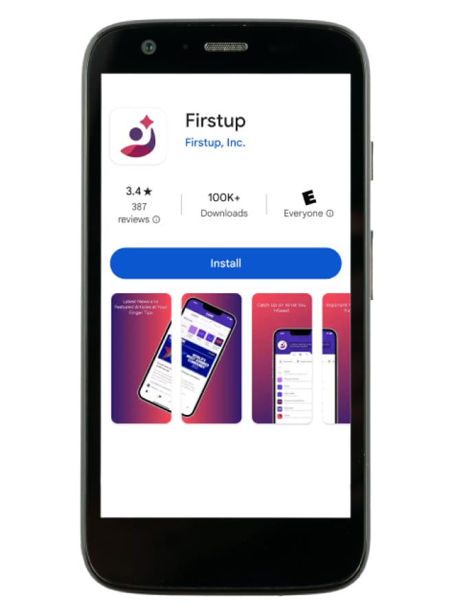 Um smartphone exibindo o aplicativo Firstup.
