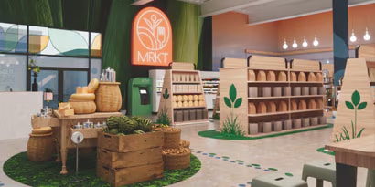 Loja de varejo com decoração verde, cestos e prateleiras,  destacando soluções gráficas para branding.
