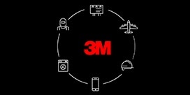 Logotipo da 3M em um fundo preto com ícones ao redor.
