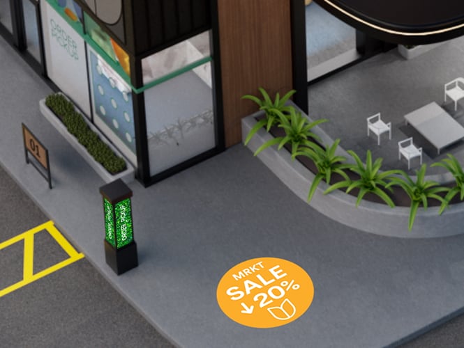 Vista aérea do estacionamento com vagas demarcadas, incluindo vagas acessíveis, adjacente a um edifício com mesas ao ar livre.
