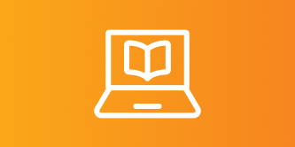 Ícone de um laptop com um livro aberto na tela, com fundo laranja
