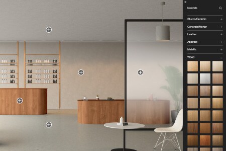 Exemplo da interface da Ferramenta de Visualização apresentando opções de grãos de madeira a serem aplicados em um ambiente interno de varejo.
