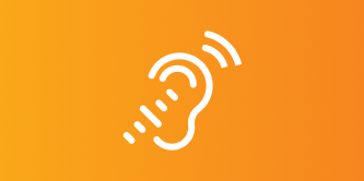 Ícone de uma orelha com linhas de som, simbolizando audição ou comunicação auditiva, com fundo laranja
