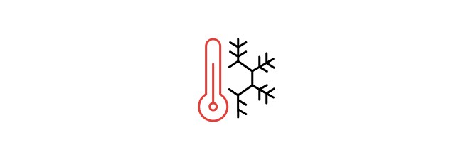 Ícone de termômetro acompanhado de um símbolo de floco de neve indicando adequação a baixas temperaturas.

