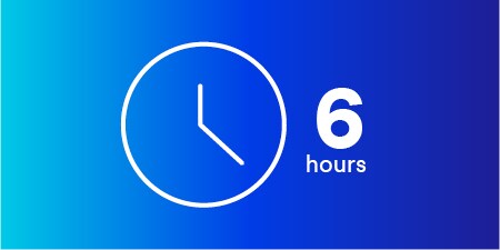 white icon on blue background showing a clock with six hours
