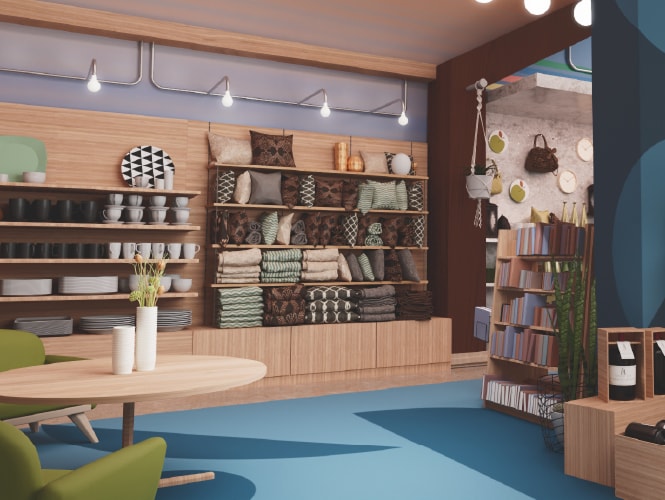 Espaço comercial aconchegante com prateleiras de madeira, itens decorativos e uma área de estar, enfatizando a combinação de estilo e funcionalidade.

