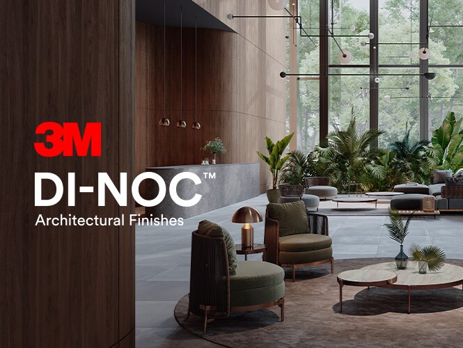 Interior de lobby de hotel moderno e inspirado na natureza, destacando indicações dos Acabamentos Arquitetônicos 3M utilizados, com o logo dos Acabamentos Arquitetônicos 3M DI-NOC sobreposto na imagem.
